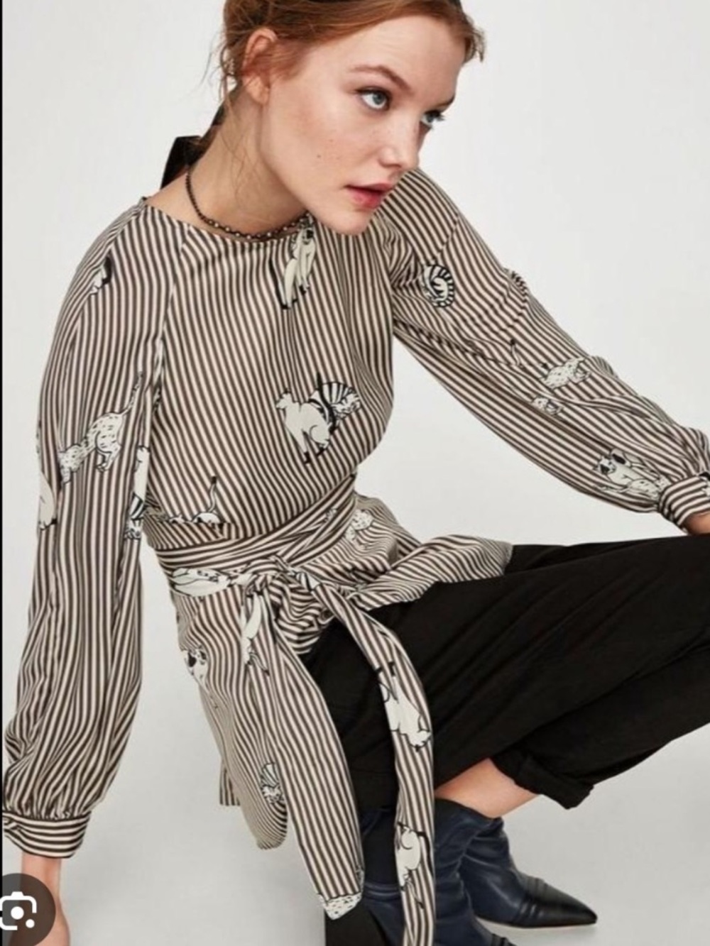 Zara Striped Cat Print Tie-Waist Blouse grey white size XS